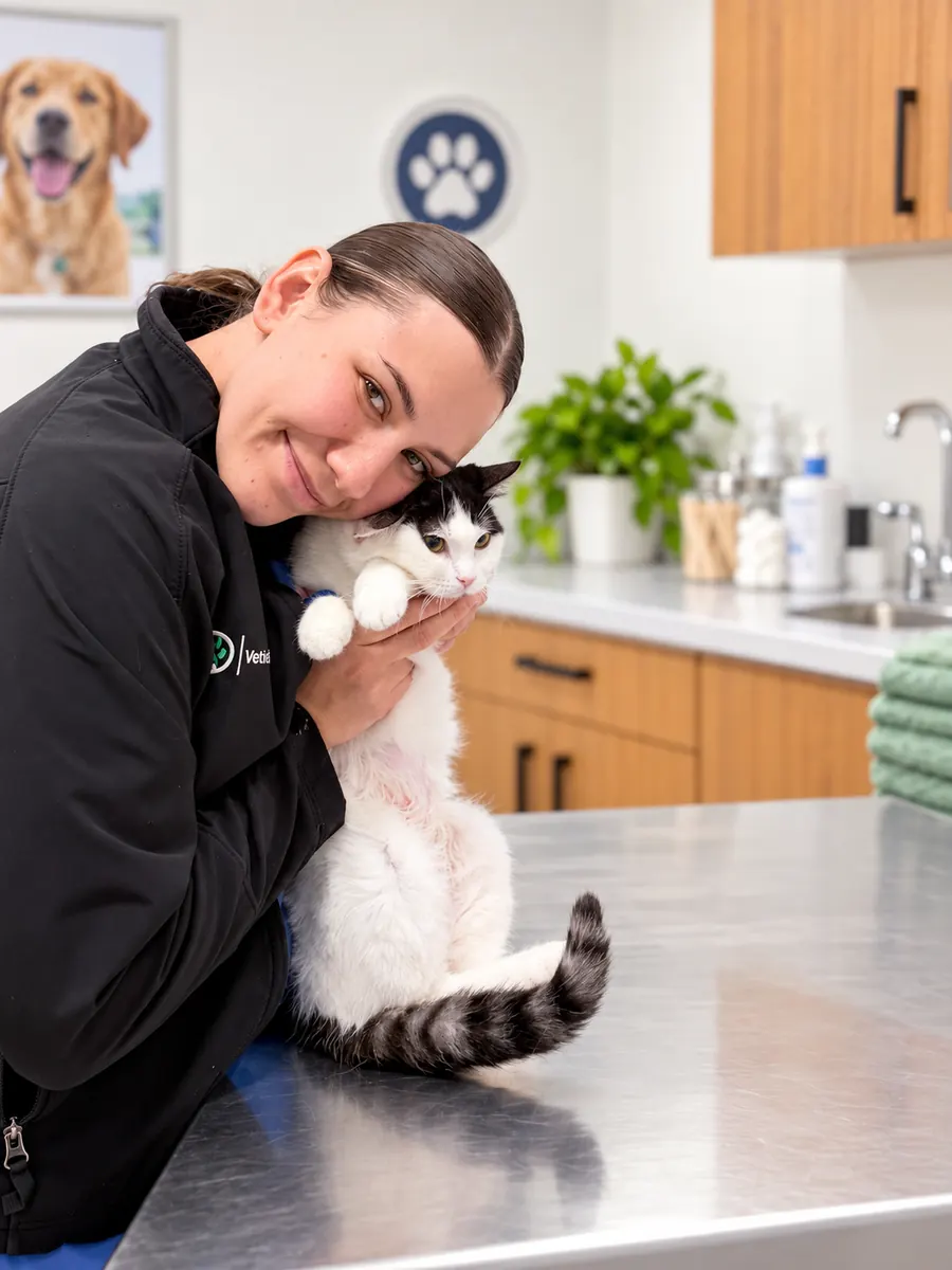 A Vets for Pets nurse cuddling a black-and-white cat