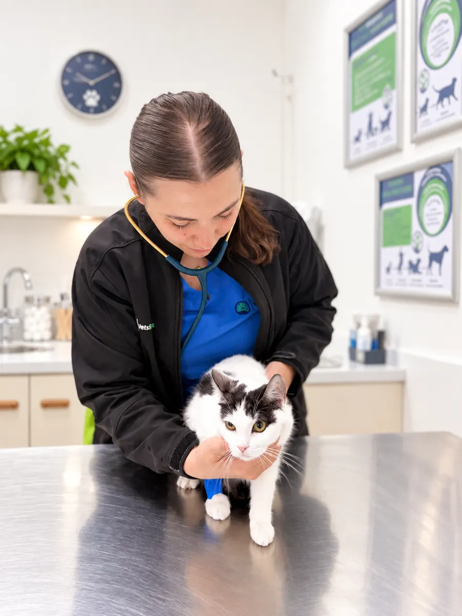 A Vets for Pets nurse listening to a black-and-white cat’s chest with a stethoscope