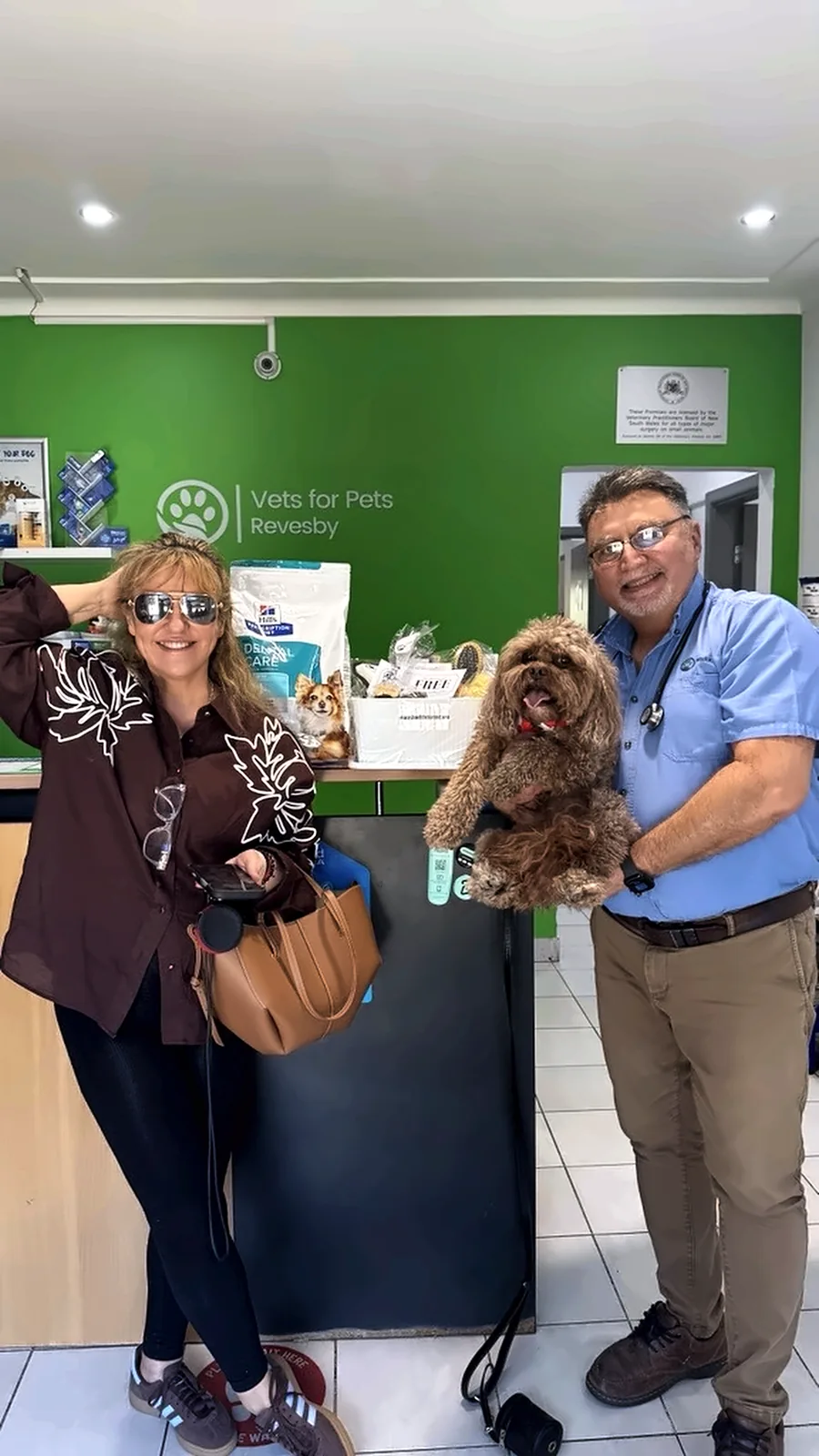 A Vets for Pets veterinarian and a client with her fluffy dog at the Revesby reception desk