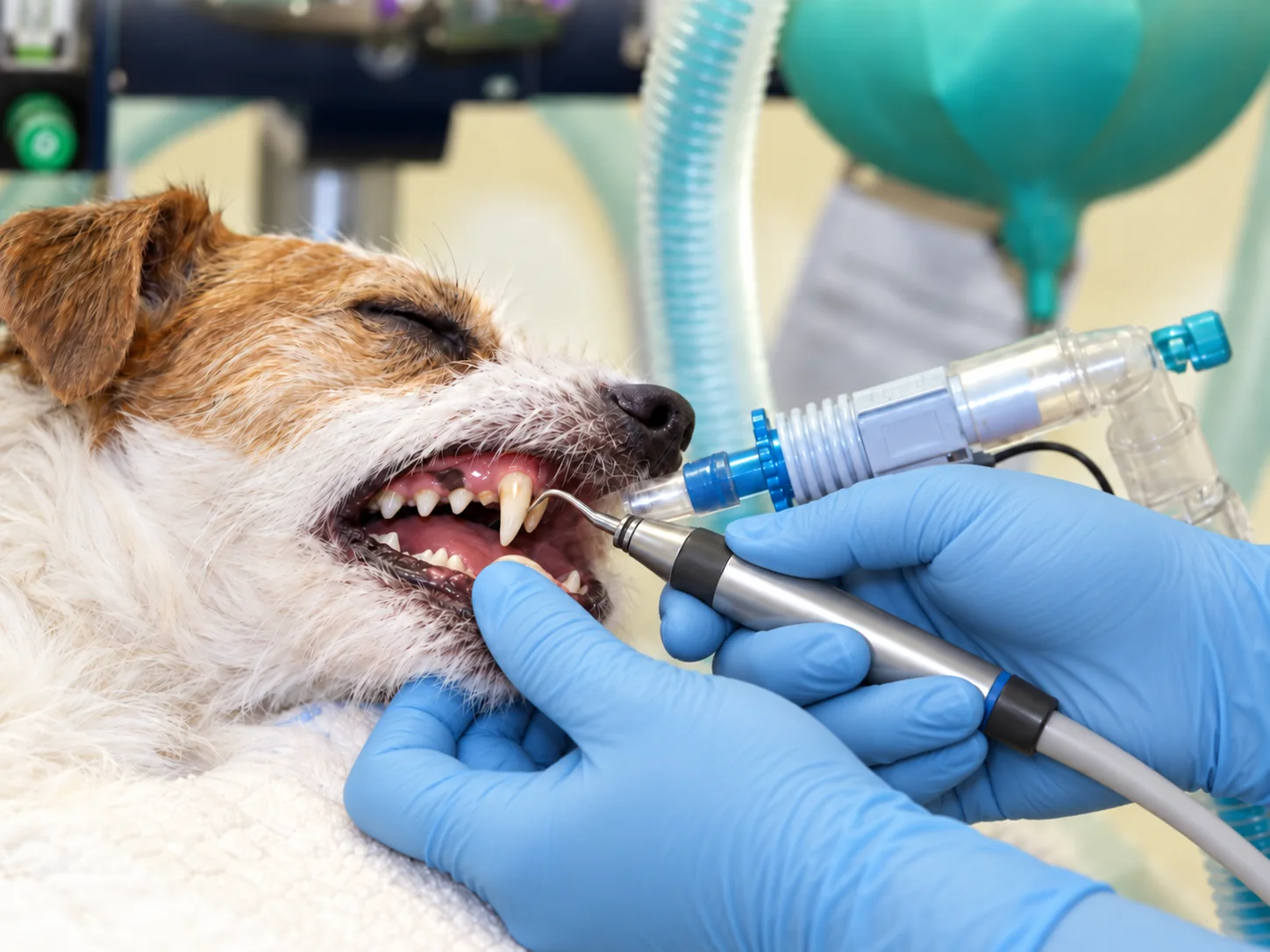 A dog under general anaesthetic having its teeth cleaned with an ultrasonic scaler, with its breathing tube in place