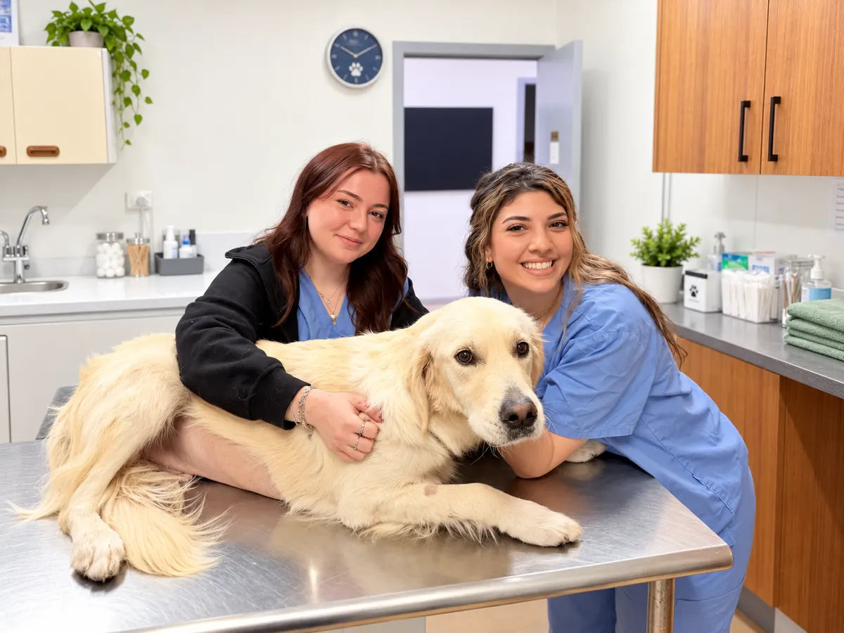 Two Vets for Pets team members with a golden retriever on the examination table