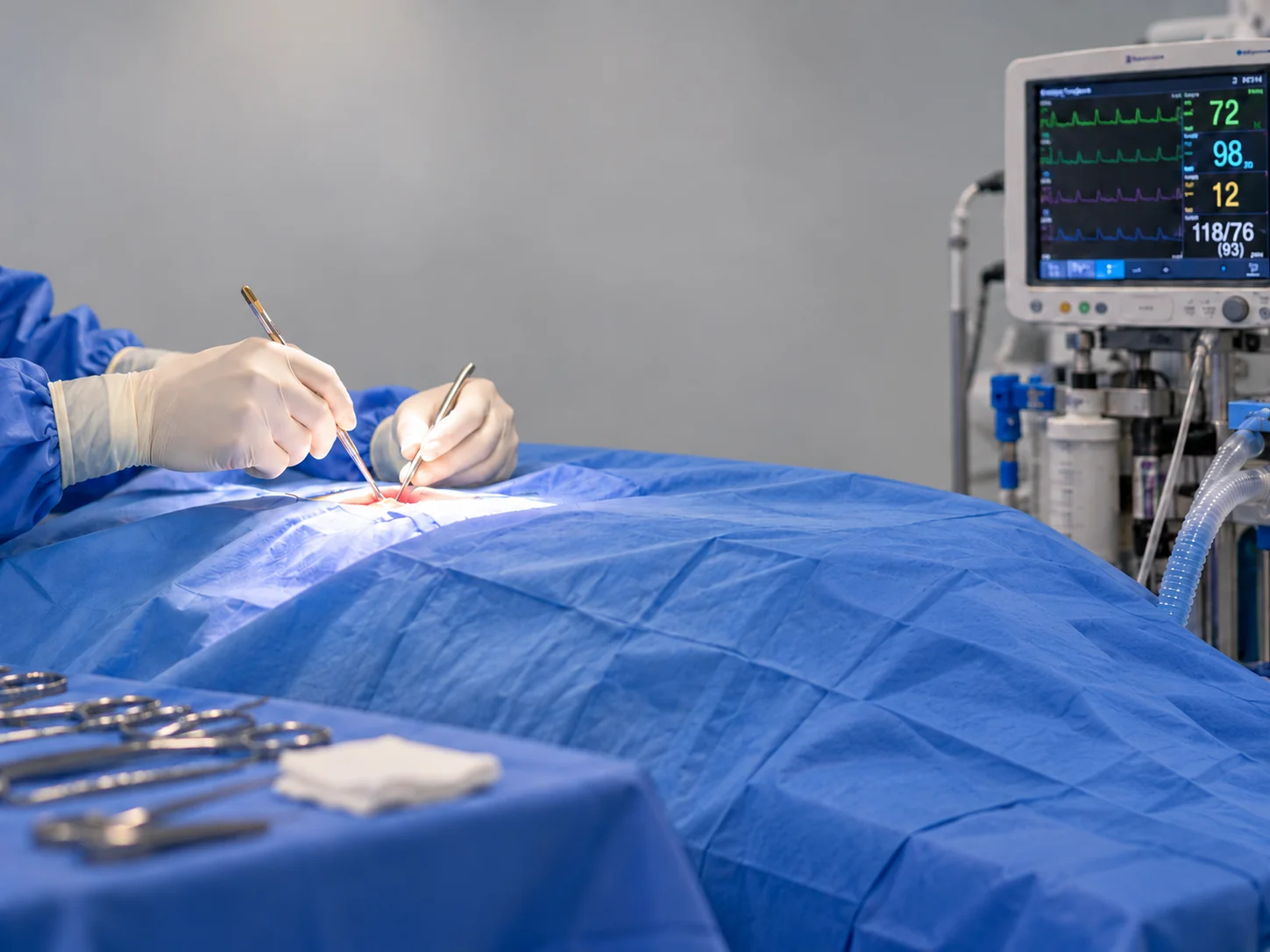 A surgeon's gloved hands operating under sterile blue drapes, with the anaesthetic monitor and breathing circuit beside the table